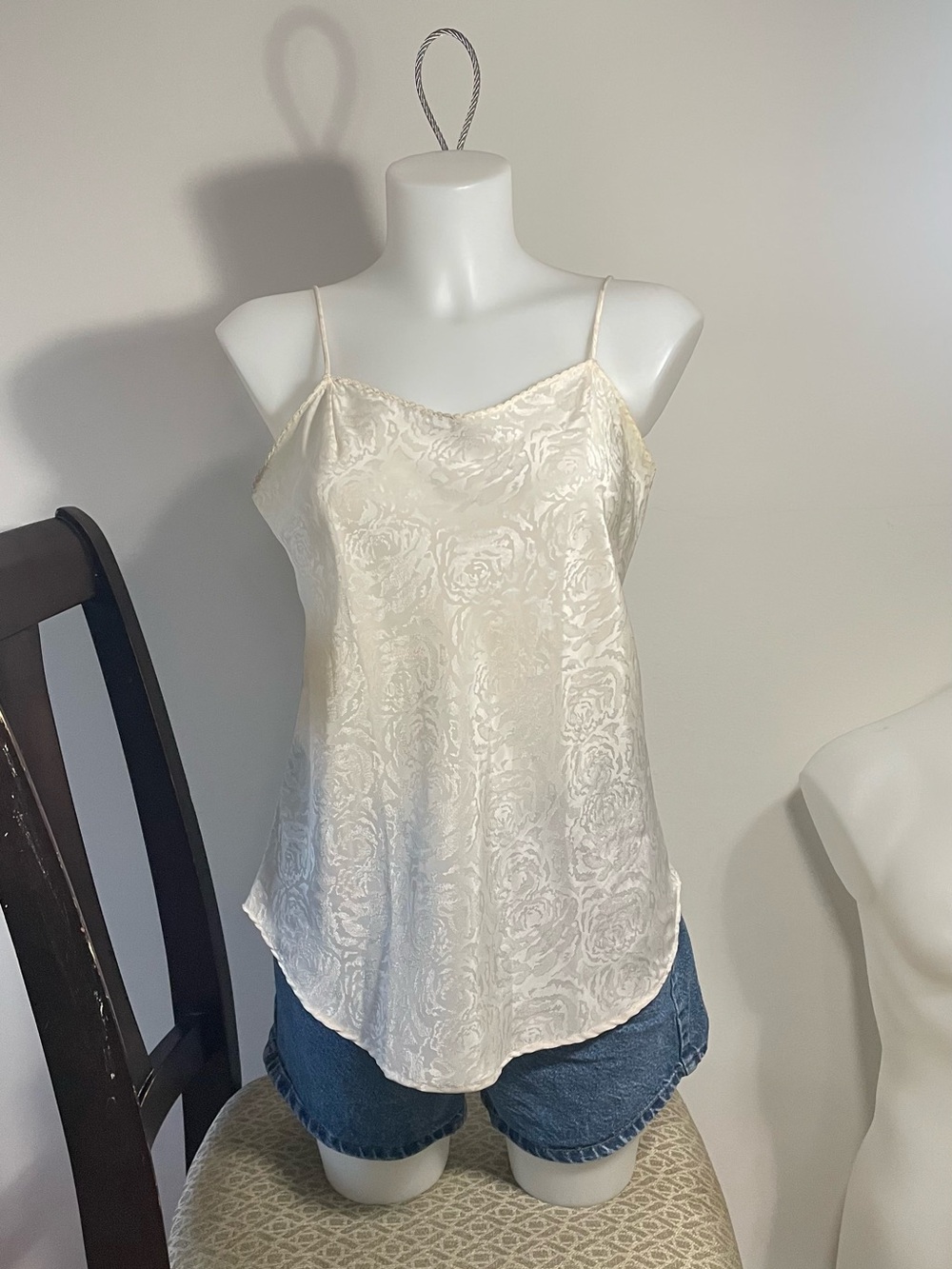 Cream Jacquard Satin Cami with Spaghetti Straps